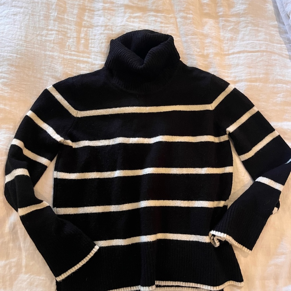 Cozy Black and White Striped Turtleneck Sweater